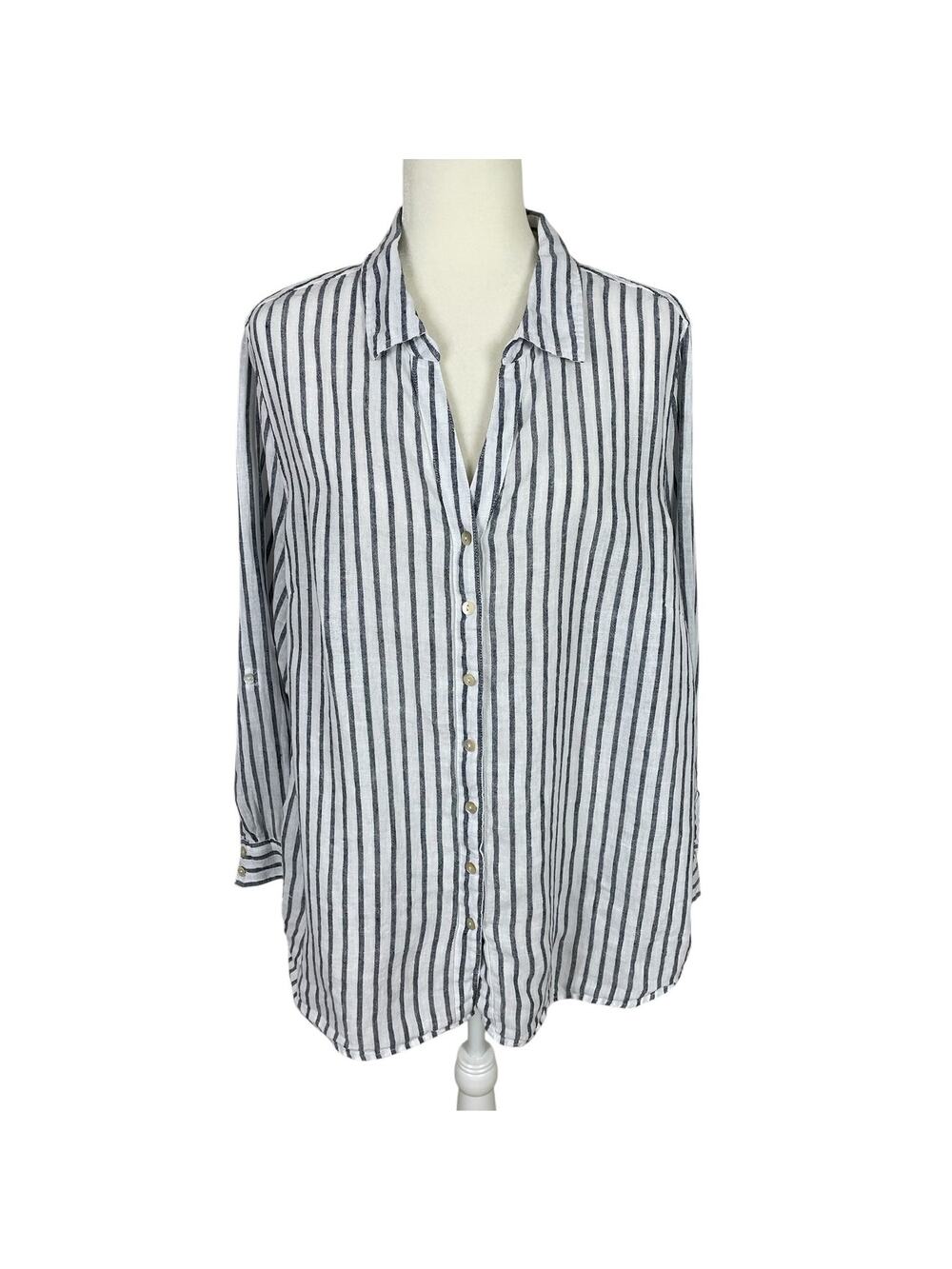 Sigrid Olsen Linen Button Front Top Roll Tab Sleeves Striped Sz XL Coastal Chic